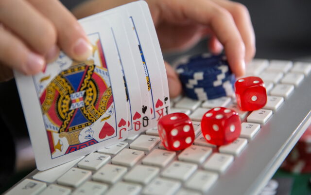 Keyboard, cards, chips, dice